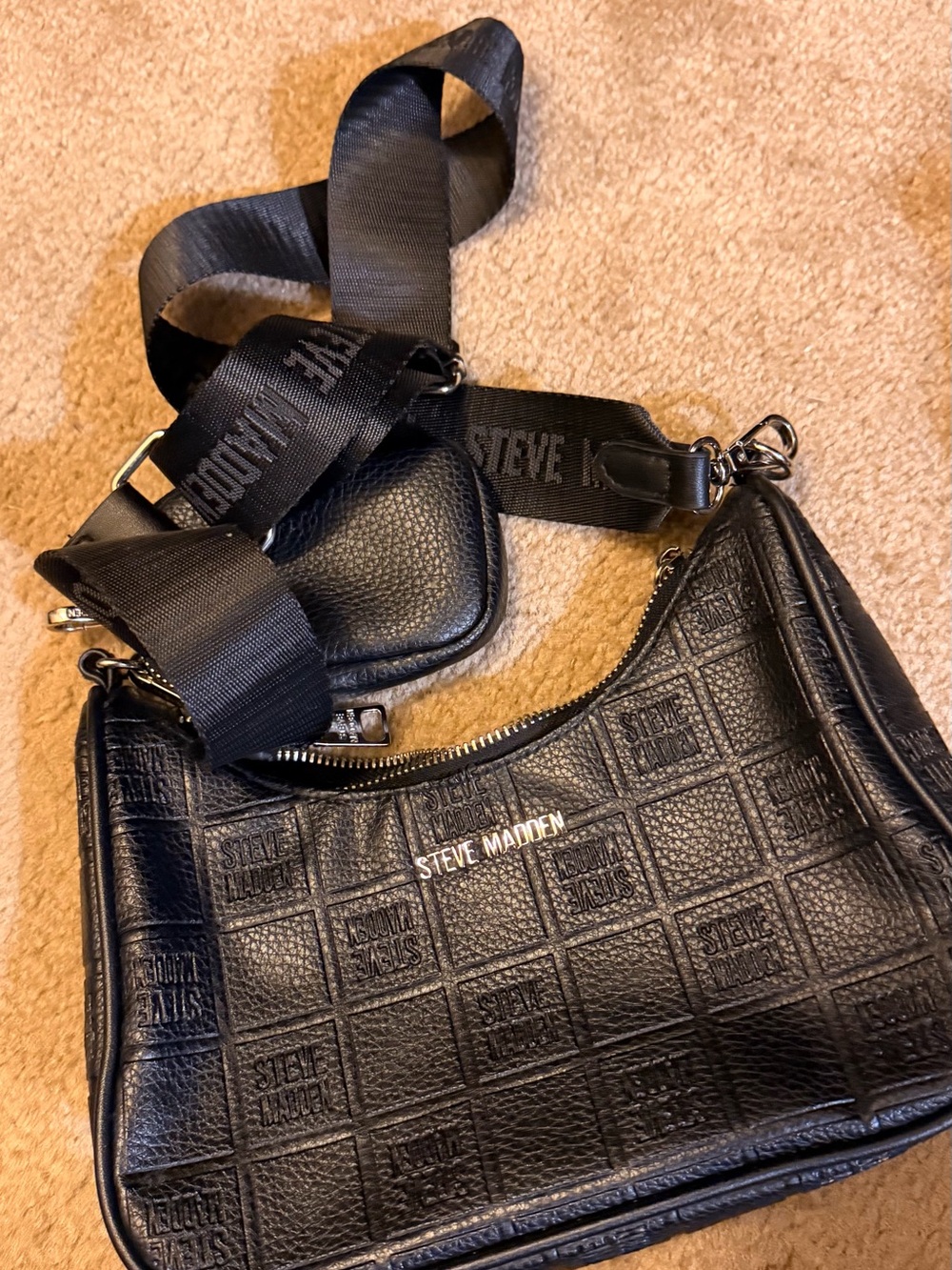 Steve Madden Black Embossed Logo Shoulder Bag with Mini Pouch